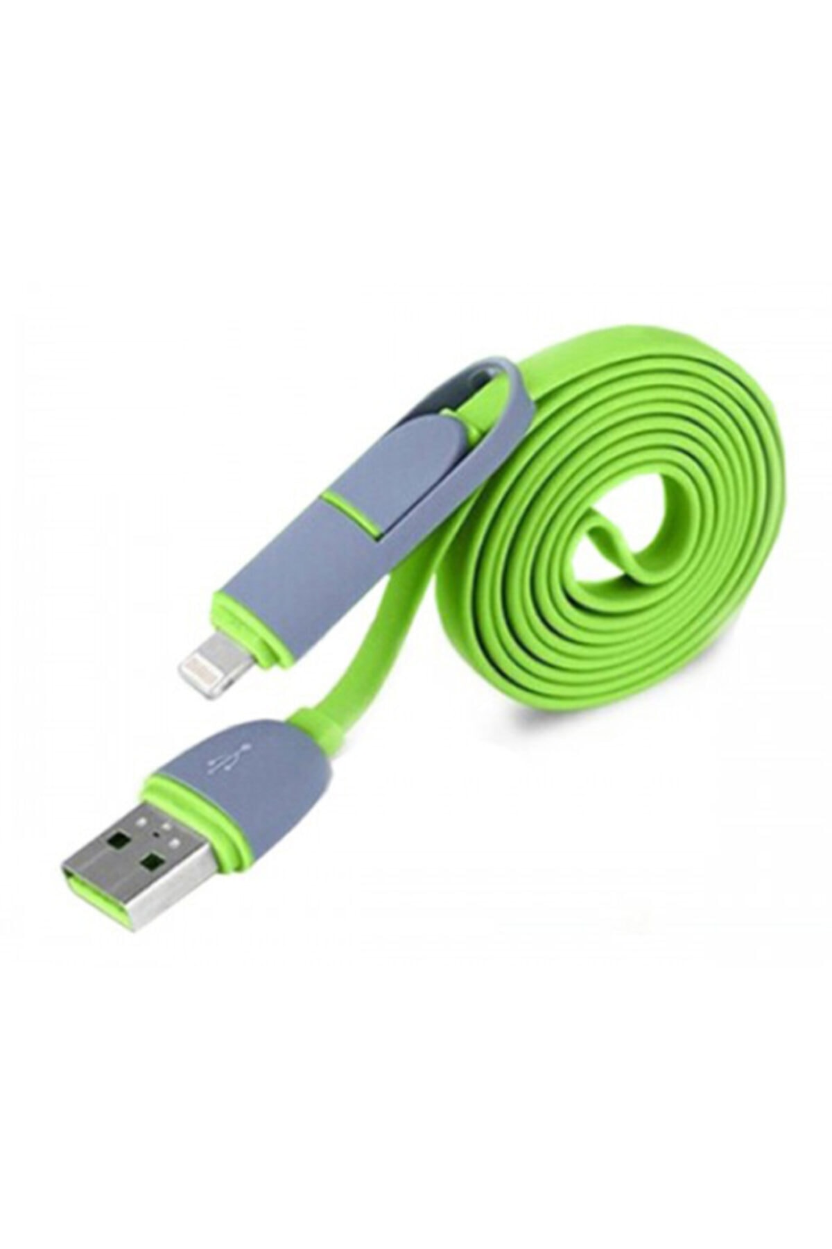 Micro USB ve Lightning 2 In 1 Çoklu USB Şarj Data Kablo Yeşil