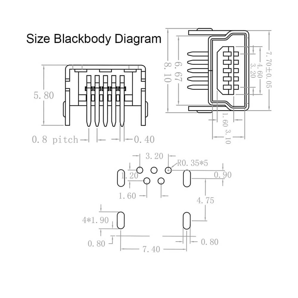5 Pin Mini Usb Soket Usb Type-B 90 Derece Konnektör Lehimlik