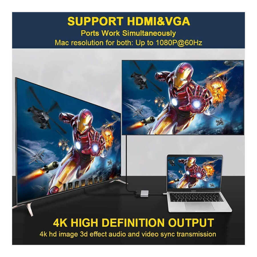 Type-C To 4K Hdmi Vga Çevirici Dönüştürücü Kablo USB 3.0 OTG Audio Ses , Usb C Adaptör 5 in 1