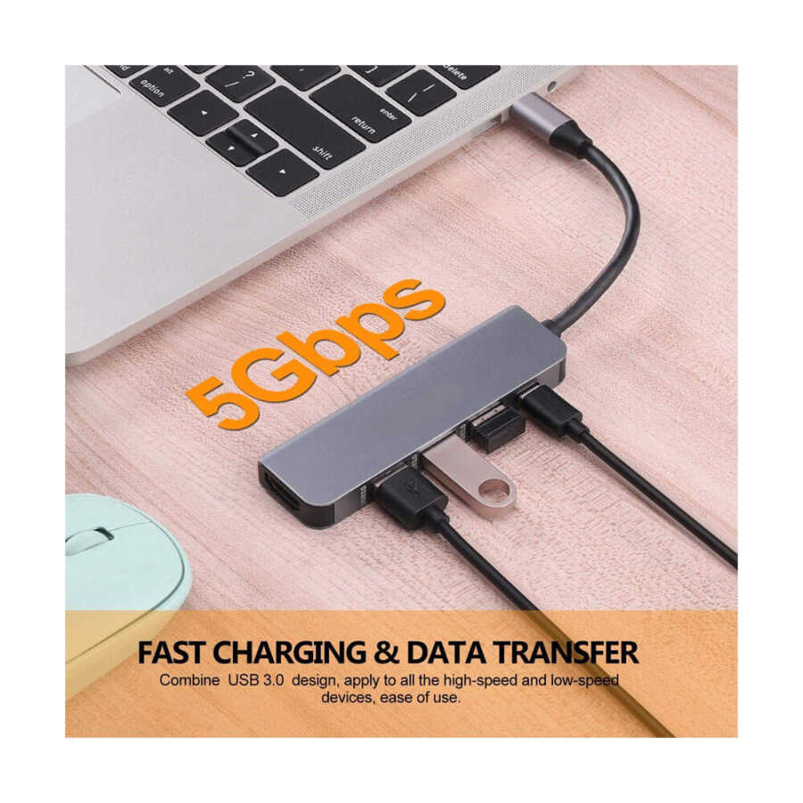 TYPE-C to HDMI 4K@30Hz Çevirici Kablo 1*Usb 3.0 + 2*Usb 2.0 Çoklayıcı Hub + PD 87W Adaptör 5 in 1