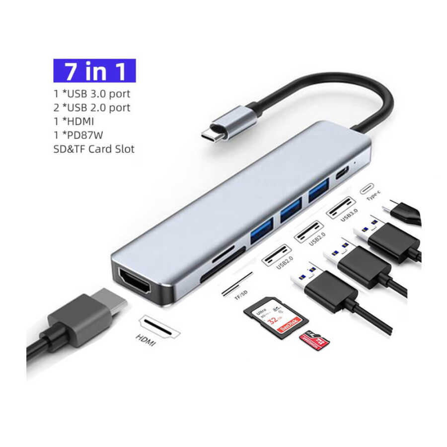 TYPE-C to HDMI 4K@30Hz Kablo + SD/ TF Kart Okuyucu + USB3.0 + 2xUSB2.0 + PD 87W 7in1 Çevirici