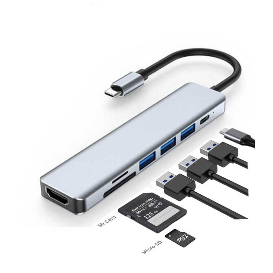 TYPE-C to HDMI 4K@30Hz Kablo + SD/ TF Kart Okuyucu + USB3.0 + 2xUSB2.0 + PD 87W 7in1 Çevirici