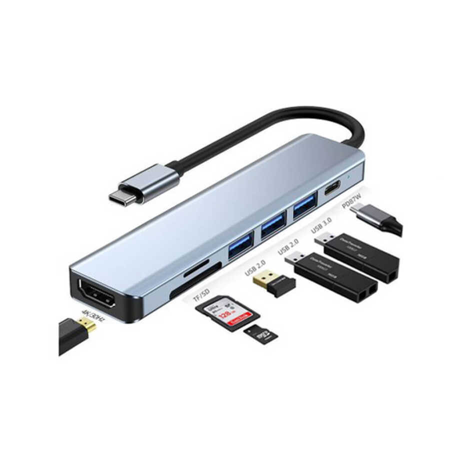 TYPE-C to HDMI 4K@30Hz Kablo + SD/ TF Kart Okuyucu + USB3.0 + 2xUSB2.0 + PD 87W 7in1 Çevirici