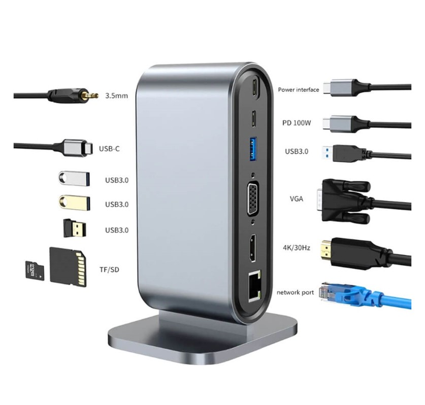 Type-C to 4K HDMI + VGA + USB3.0 Çoklayıcı + RJ45 Ethernet + Kart Okuyucu + Usb-C - 12 in 1 Adaptör