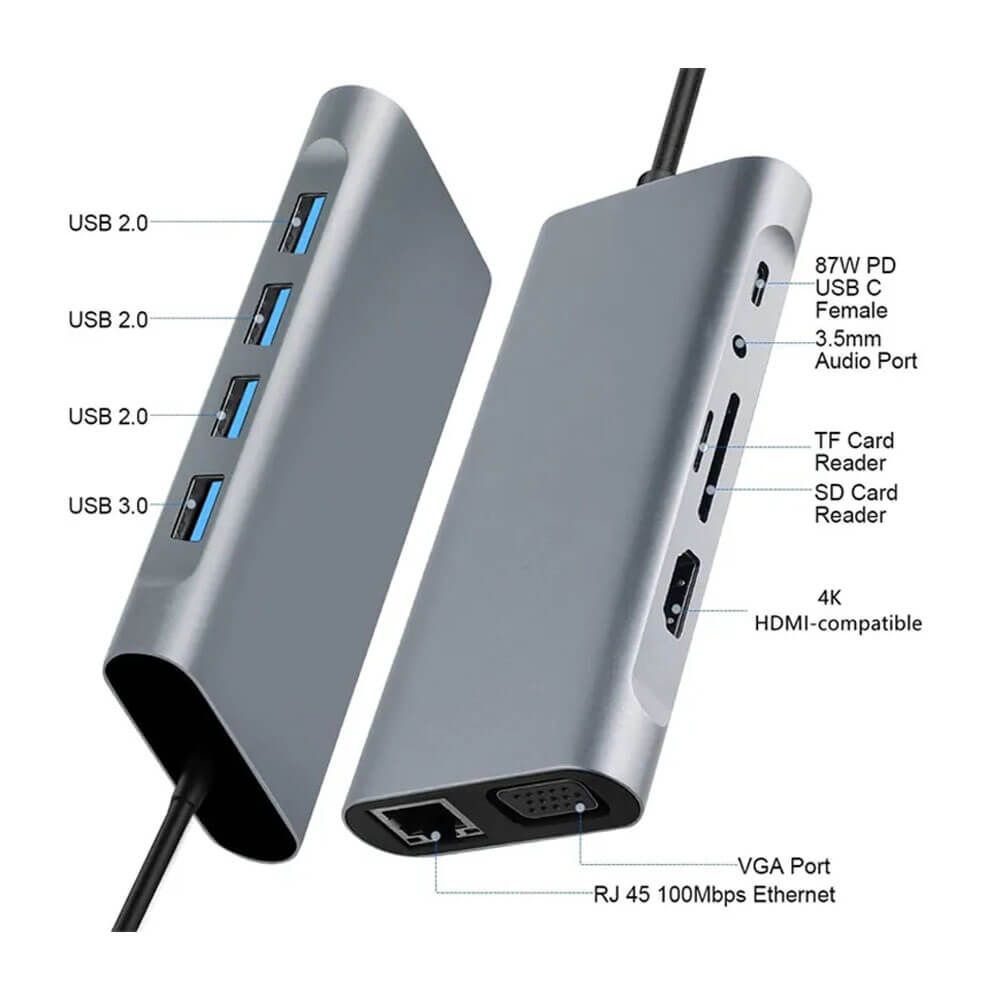 Type-C to Hdmi 4K@30Hz, VGA 1080P, RJ45 Ethernet, 4*USB Çoklayıcı Hub, Kart Okuyucu + Ses, PD 87W