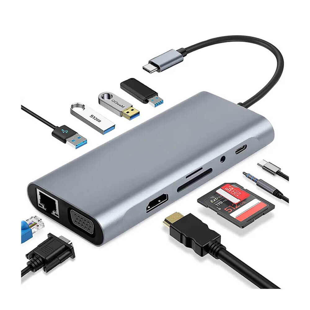 Type-C to Hdmi 4K@30Hz, VGA 1080P, RJ45 Ethernet, 4*USB Çoklayıcı Hub, Kart Okuyucu + Ses, PD 87W