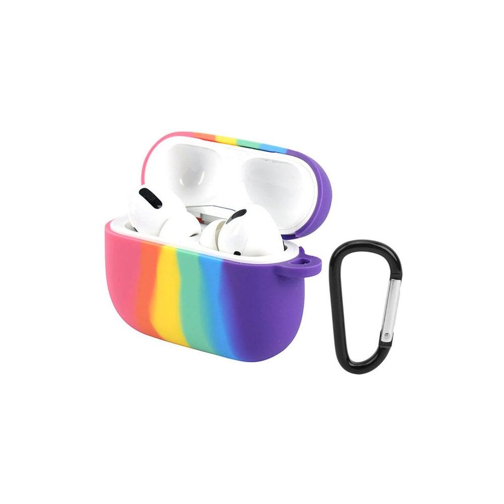 Apple Airpods Pro 1. Nesil Silikon Koruma Kılıfı Rainbow Kopçalı Koruyucu Kılıf - Gökkuşağı
