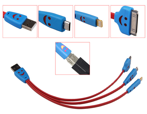 Işıklı Micro USB + iPhone 4 + iPhone 5 / 5S / 5C USB Çoklu Şarj Kablosu - Kırmızı*mavi