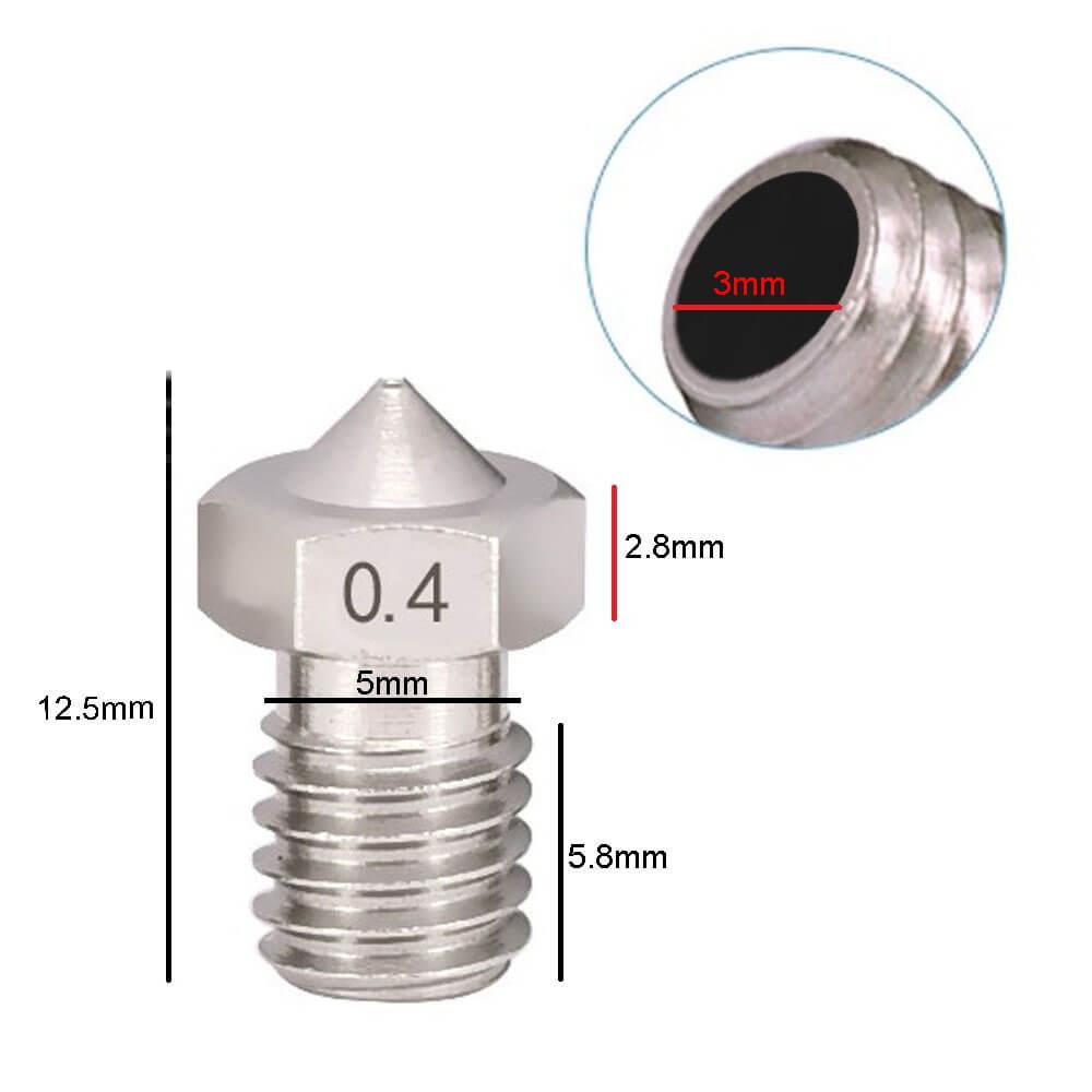 3D Yazıcı E3D V5-V6 MK8 Extruder 3mm/0.4mm Paslanmaz Çelik Nozzle M6 - GD112