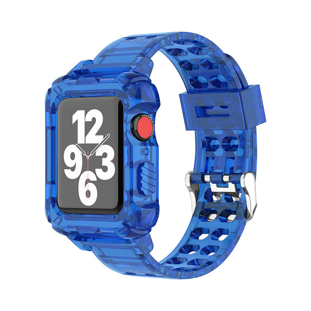 Apple Watch 1, 2, 3, 4, 5, 6, 7, 8, Se Kasa Koruma 42/44/45mm Spor Kordon Kayış - Şeffaf Mavi - BW6