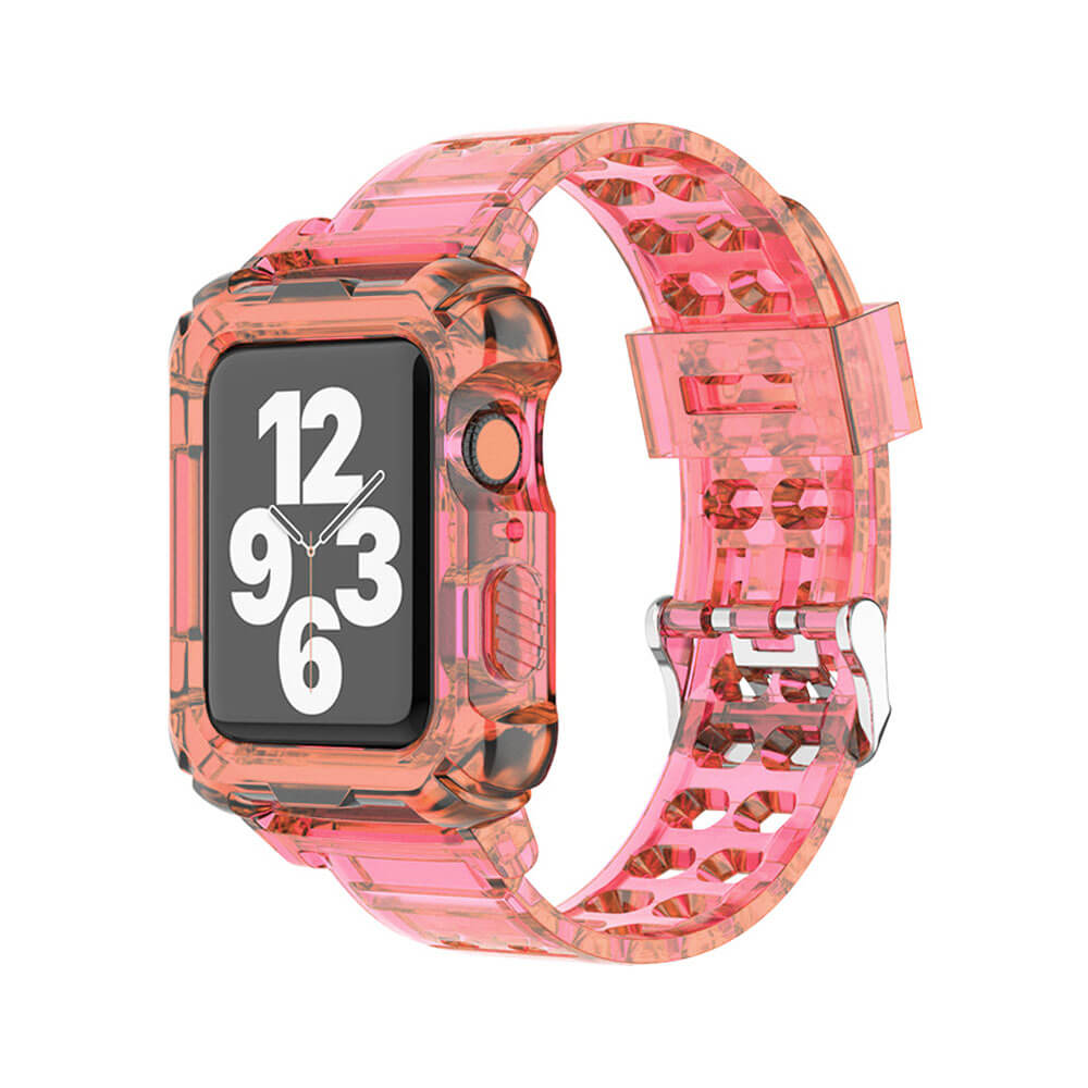 Apple Watch 1, 2, 3, 4, 5, 6, 7, 8, Se Kasa Koruma 42/44/45mm Spor Kordon Kayış - Şeffaf Pembe - BW6
