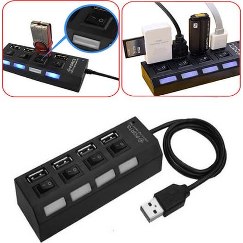 4 Port USB 2.0 Hub Anahtarlı Işıklı - Siyah -ok