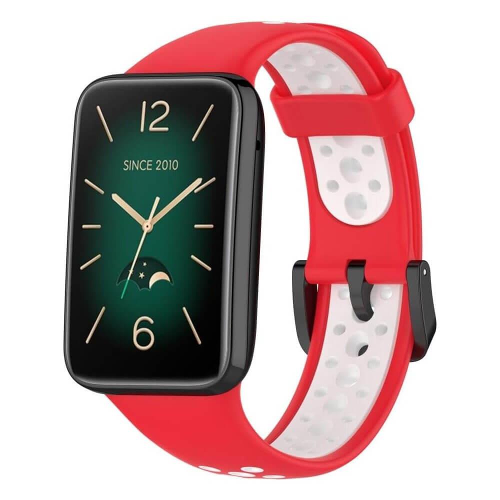 Xiaomi Mi Band 7 Pro Uyumlu Spor İki Renk Delikli Silikon Kordon Kayış - Kırmızı Beyaz - PR7