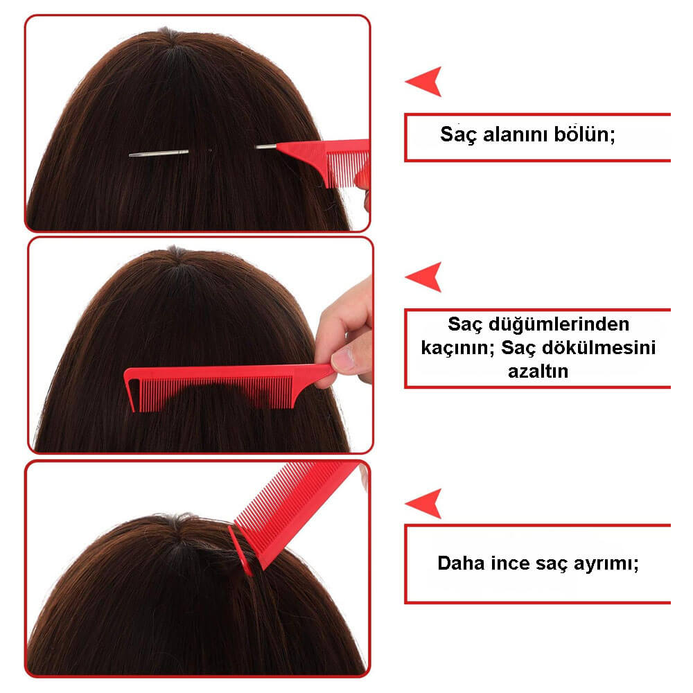 Metal Kuyruklu Boyama Ayırma Tarama Krepe Saç Tarağı - Kırmızı - HG5