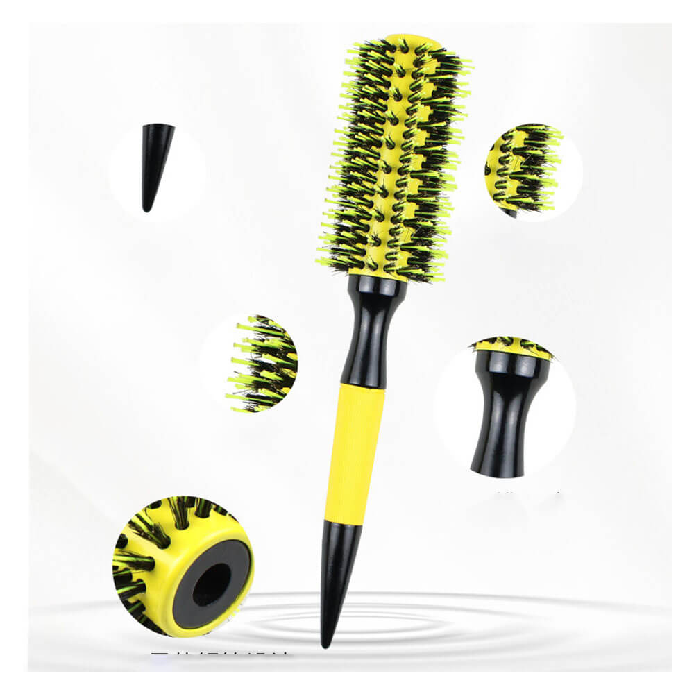 Koodmax Ahşap Saplı Naylon Kıl Saç Şekillendirici Fön Fırçası - Saç Düzleştirici Tarak 4.5cm - Sarı - Siyah - HG9