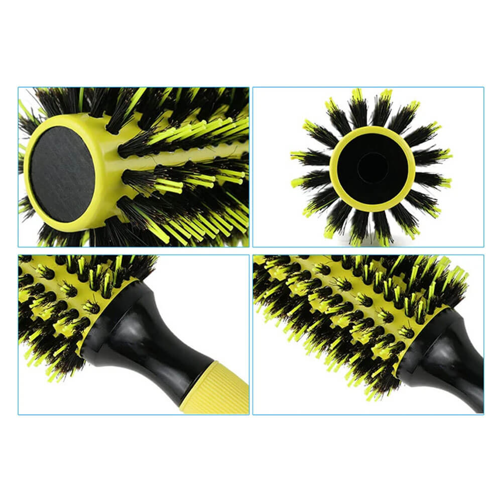 Koodmax Ahşap Saplı Naylon Kıl Saç Şekillendirici Fön Fırçası - Saç Düzleştirici Tarak 6cm - Sarı - Siyah - HG9