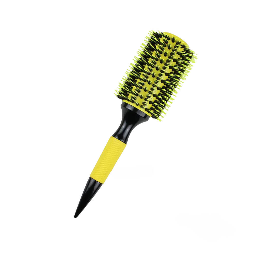 Koodmax Ahşap Saplı Naylon Kıl Saç Şekillendirici Fön Fırçası - Saç Düzleştirici Tarak 7.5cm - Sarı - Siyah - HG9