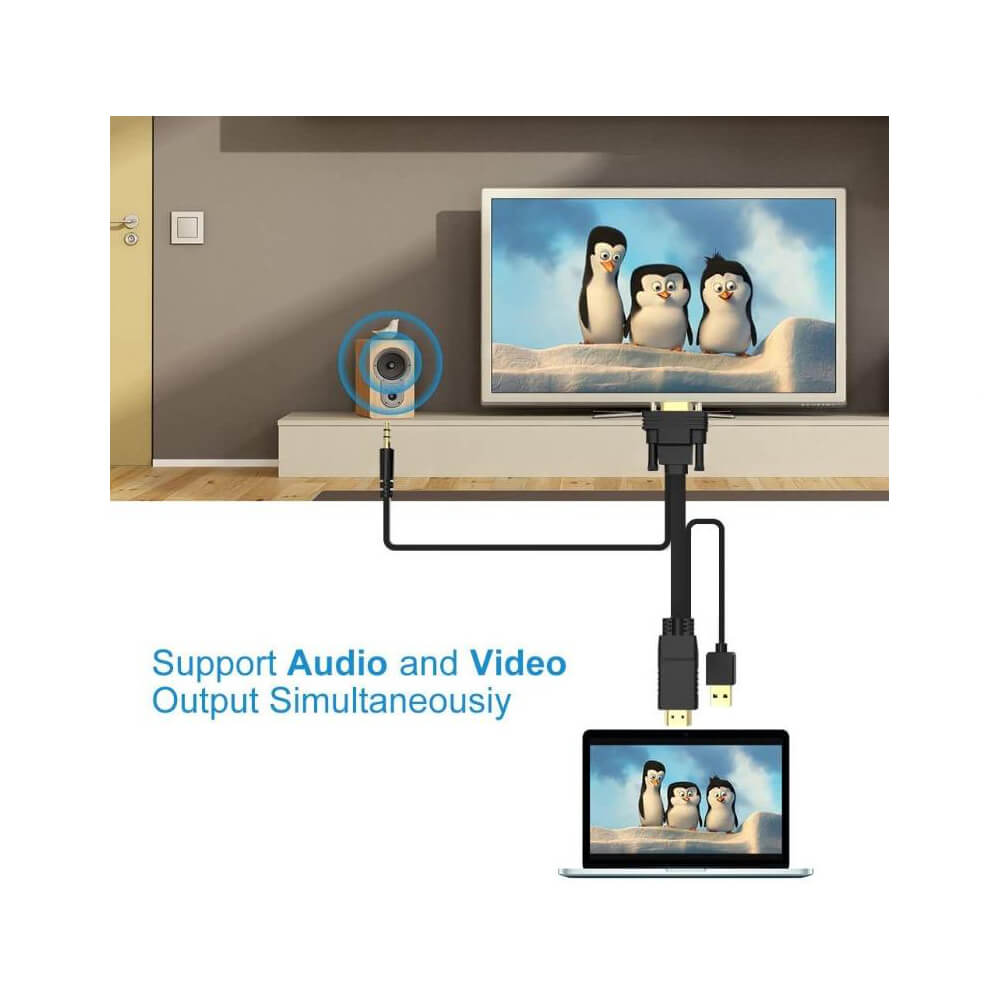 Koodmax - Hdmi to Vga Kablo 3.5mm Ses ve Usb Güç Destekli - 1080P - 2 Metre - BA15