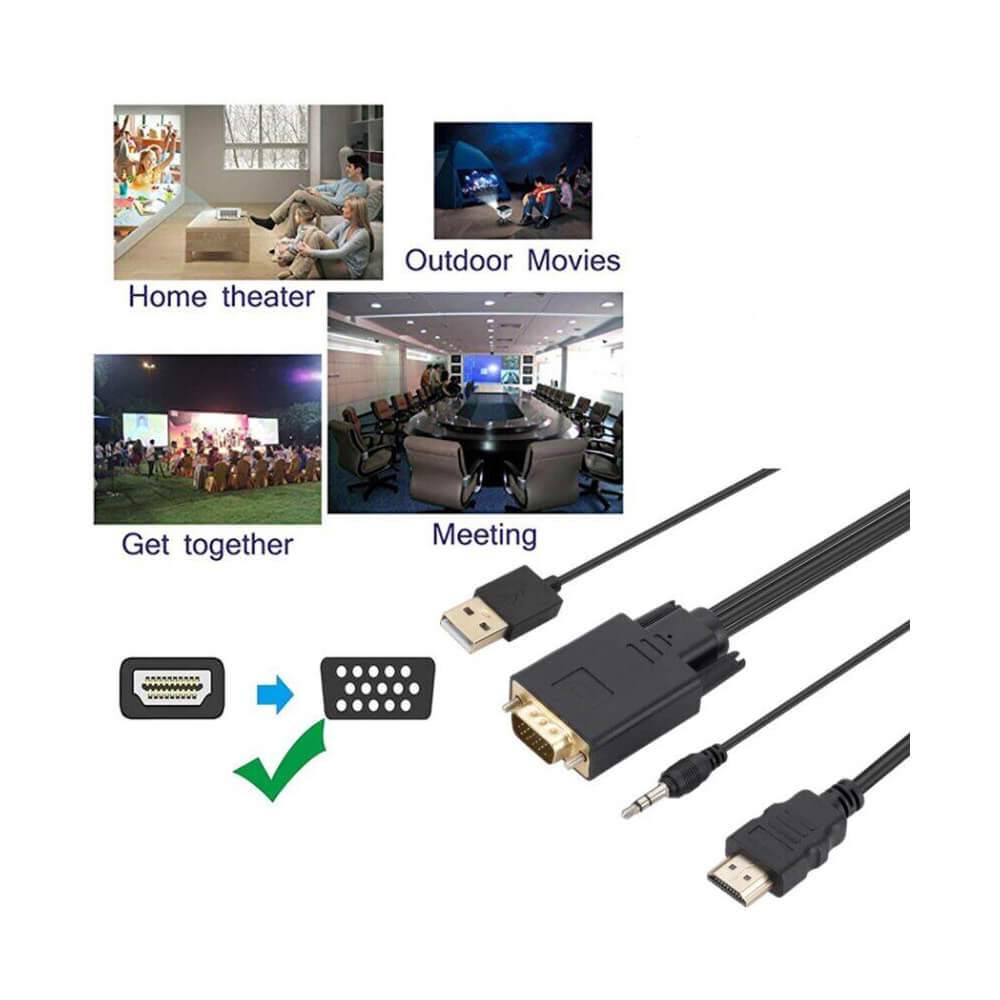 Koodmax - Hdmi to Vga Kablo 3.5mm Ses ve Usb Güç Destekli - 1080P - 2 Metre - BA15