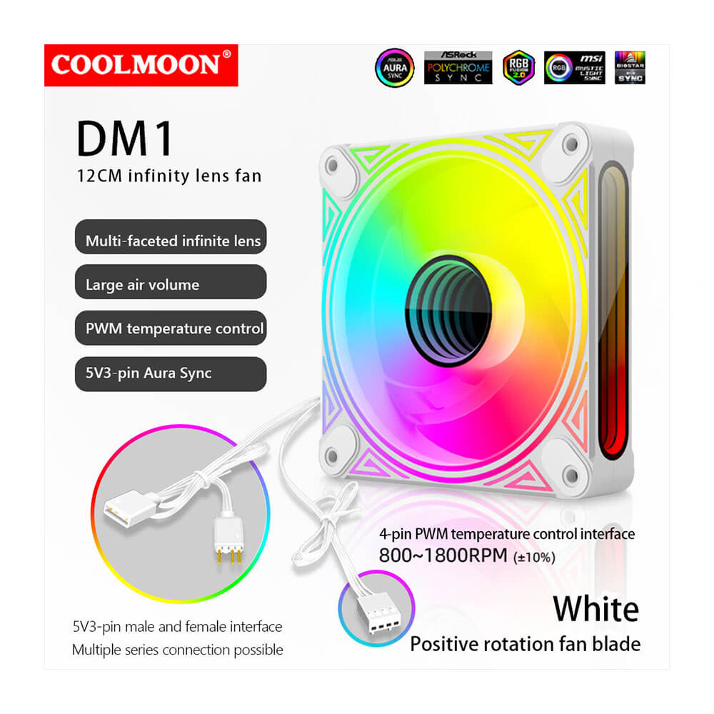 CoolMoon - DM1 12cm Kasa Fanı 5V 3Pin ARGB Aura Sync 12V 4Pin Pwm Soğutucu Fan - 120mm - Beyaz - KG14