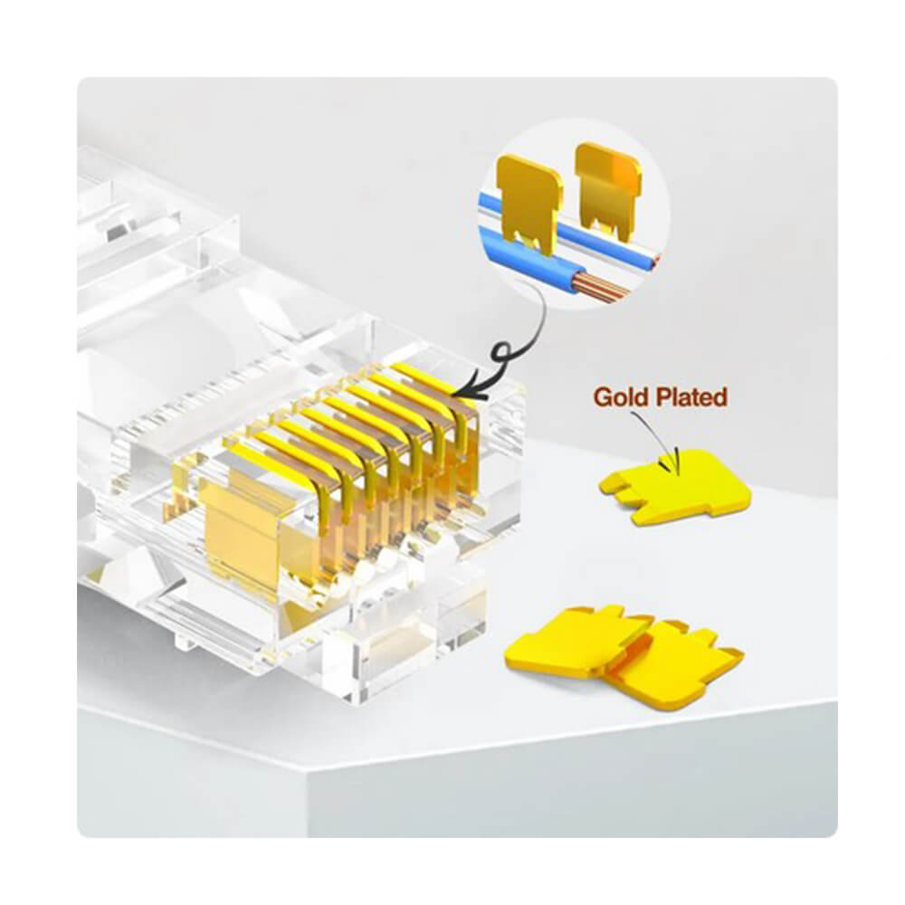 Koodmax - 3U Gold Plated CAT5e RJ45 Konnektörü 8P8C Ethernet Kablo Ucu Konnektör Uç