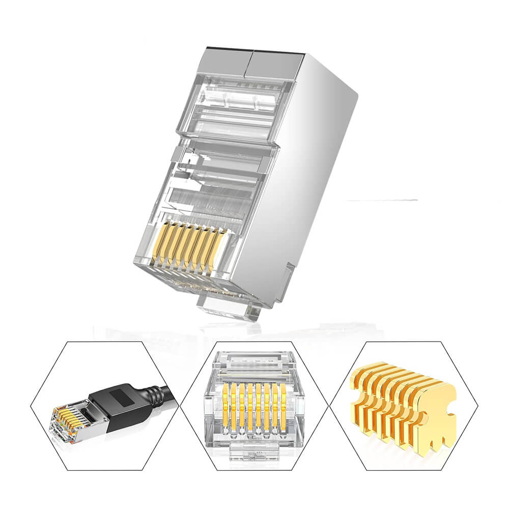 Koodmax - 50U" Gold Plated STP CAT5E RJ45 Metal Konnektör - 8P8C Ethernet Kablo Ucu Konnektörü Jack - BL11