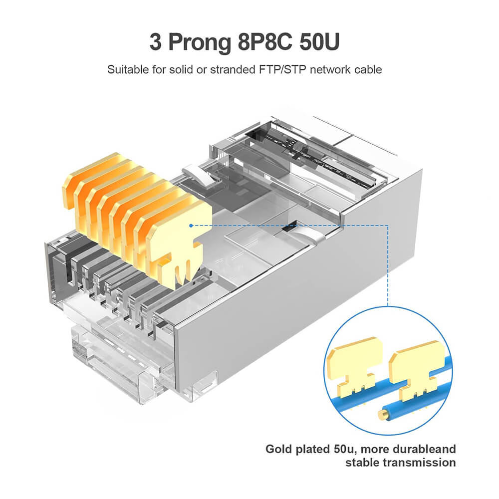 Koodmax - 50U" Gold Plated STP CAT5E RJ45 Metal Konnektör - 8P8C Ethernet Kablo Ucu Konnektörü Jack - BL11