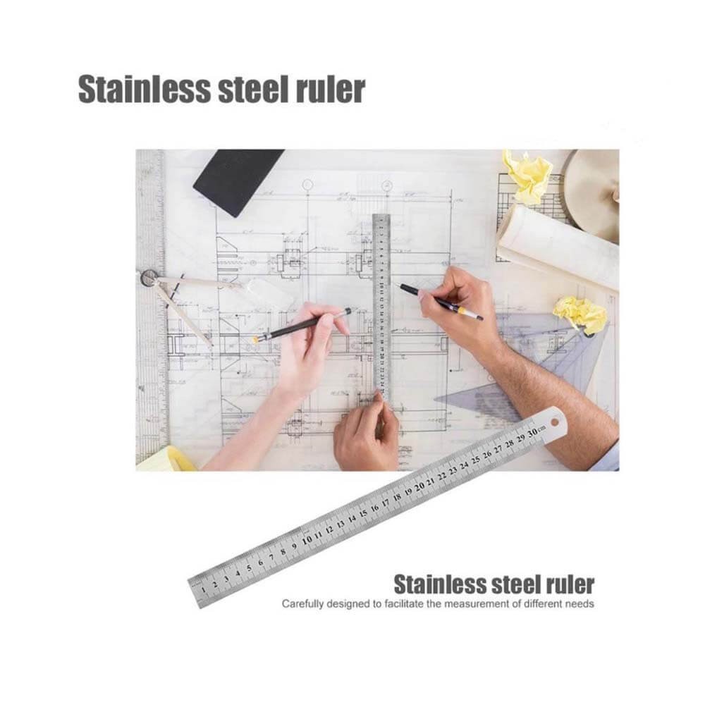 30cm ( 12 inch ) - Çift Taraflı Paslanmaz Çelik Metal Cetvel - Kalınlık 1mm