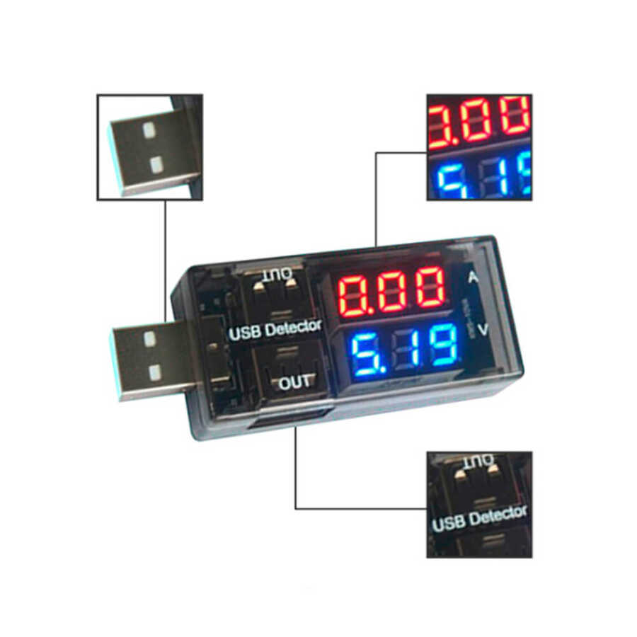 USB Voltmetre - USB Ampermetre - USB Voltaj ve Akım Ölçer - Çift USB Çıkışlı