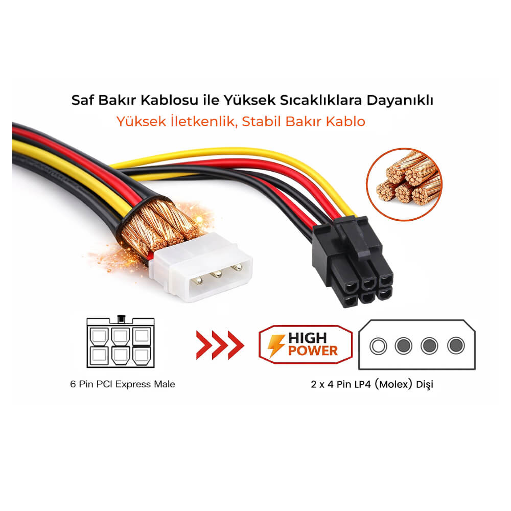 6 Pin Ekran Kartı Power Güç Kablosu PCI-EX Molex 4 Pin
